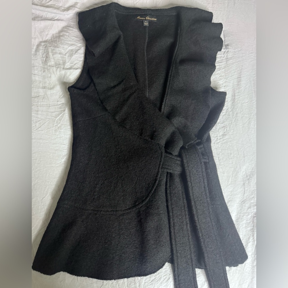 Marisa Christina Vintage Black Wool Blend Ruffle Romantic Vest Size S - Picture 2 of 7